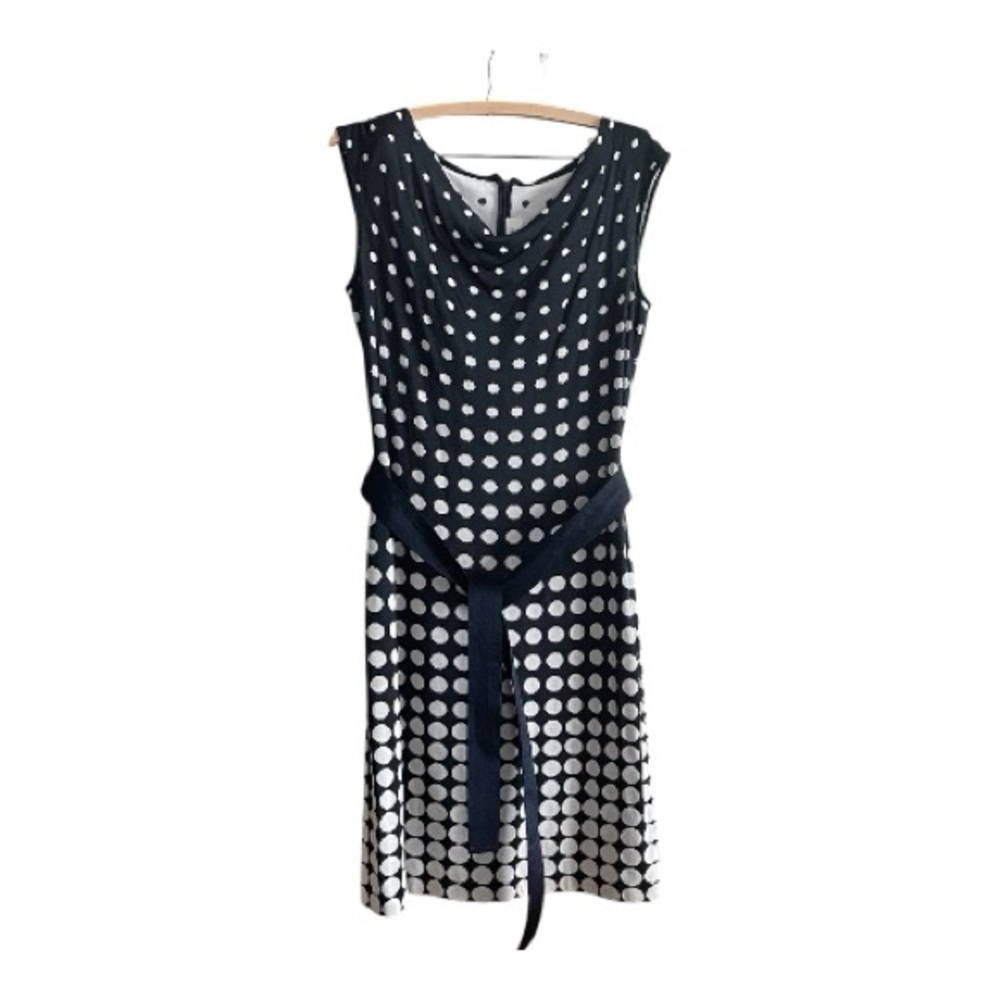 St John Navy Polka Dot Knit Dress Sleeveless Belted Sheath Designer Size 6